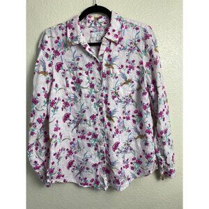 Charter Club Womens Linen Plink Floral Button Up Top Size Small Long Sleeve Boho